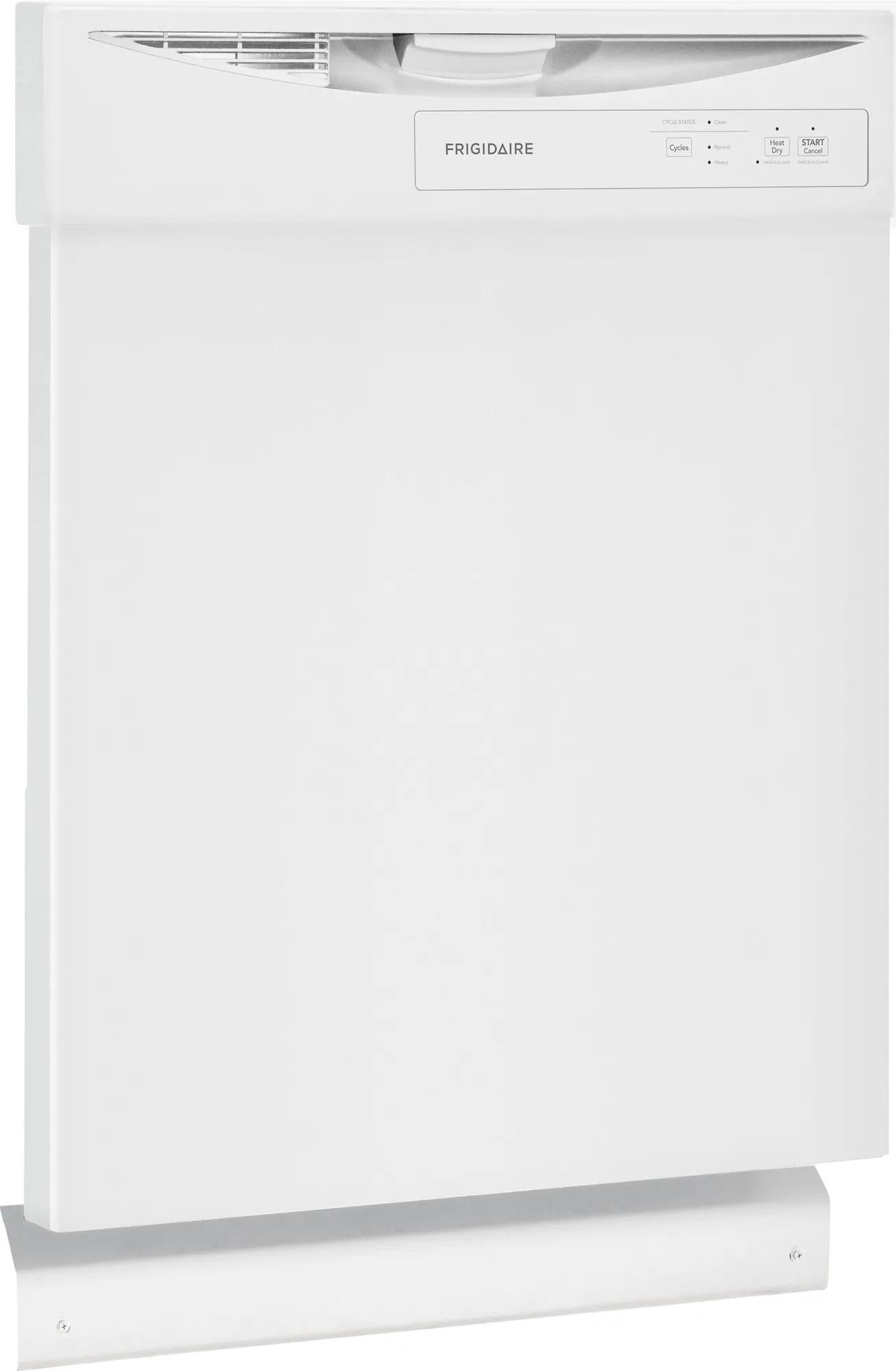 White built-in dishwasher with top control panel and vent for kitchen appliance and home improvement use