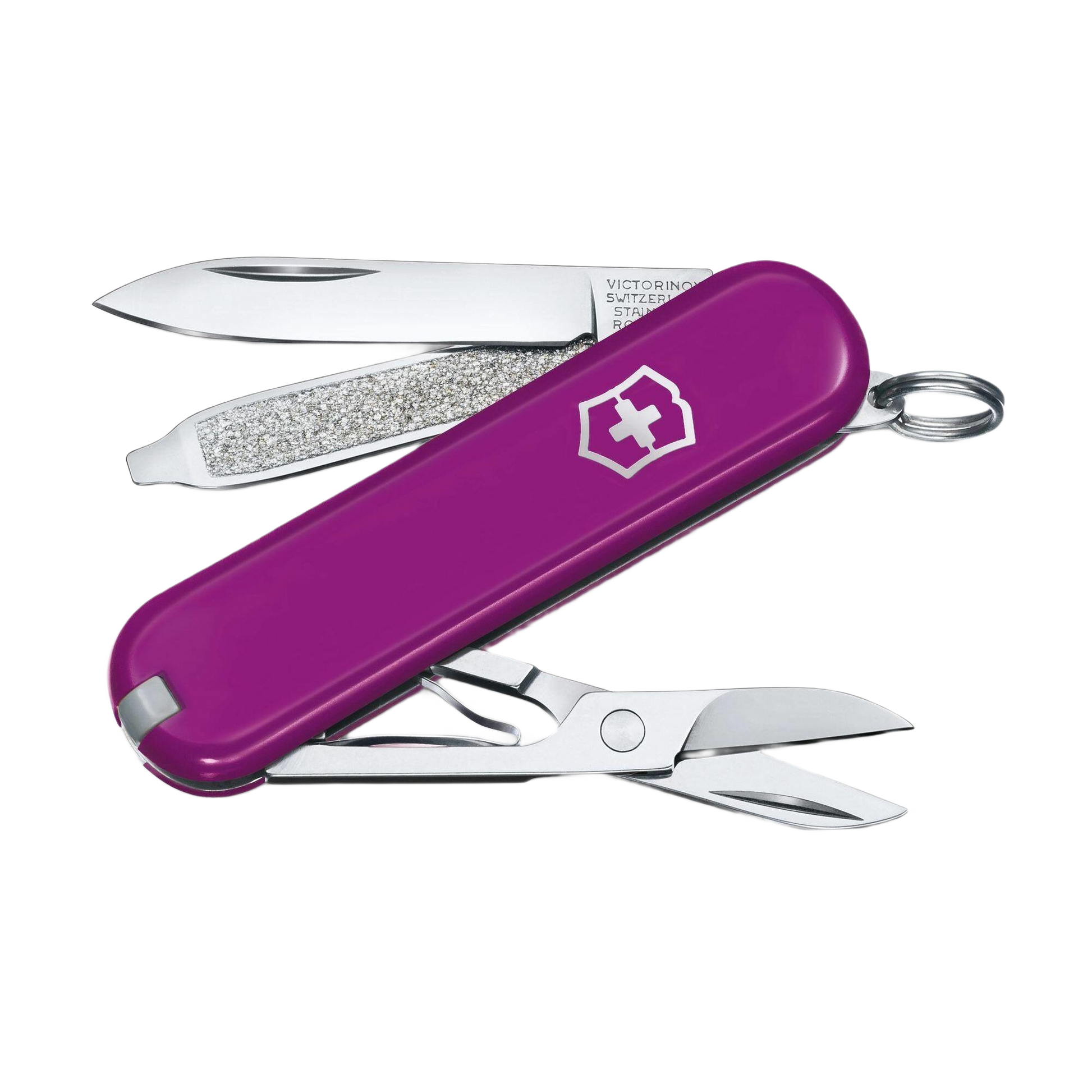 Compact purple Swiss Army pocket knife with nail file, small blade, and scissors for everyday cutting tasks in hand tools collection