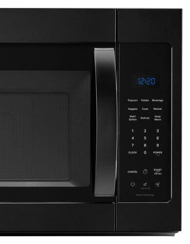 Black over-the-range microwave with digital sensor controls, blue clock display, and touchpad from Kitchen & Kitchenware collection