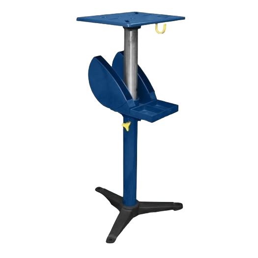 Adjustable steel stand with a blue base and platform for supporting bench grinders in home improvement tasks