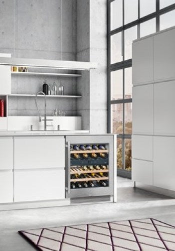 built-under wine cabinet with stainless steel frame and wooden racks in kitchen and appliances collection