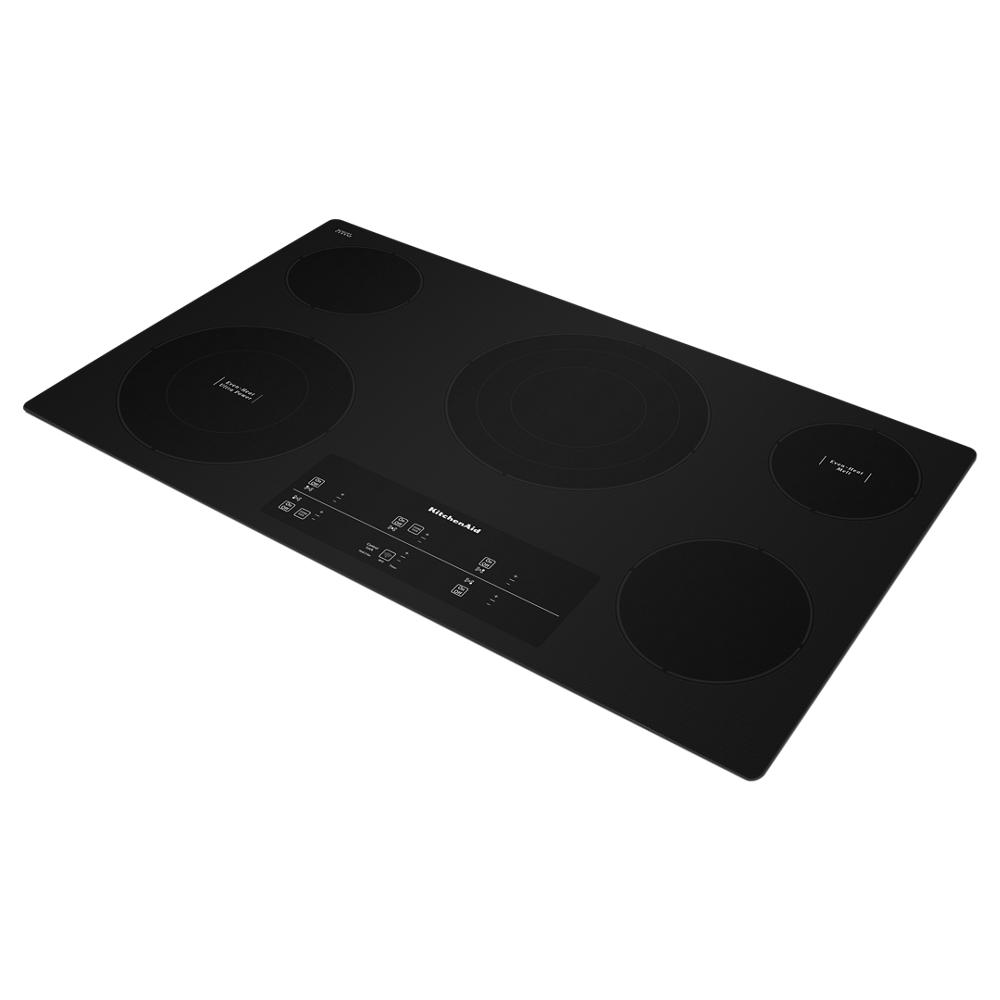 Black 36-inch electric cooktop with five heating elements and touch-activated controls in kitchenware and appliance collections