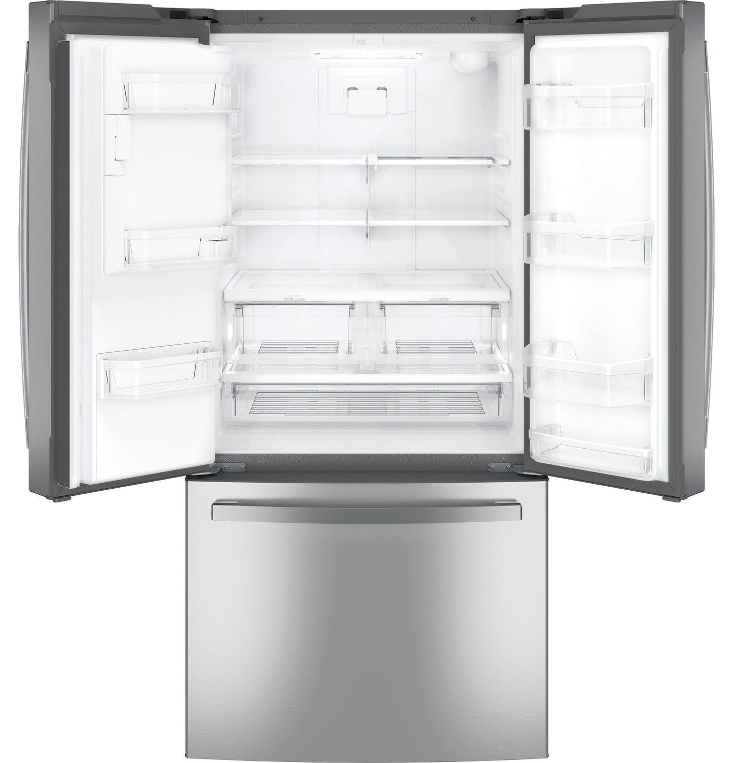 Open stainless steel French-door refrigerator with spacious adjustable shelves and bottom freezer drawer from Refrigerators collection