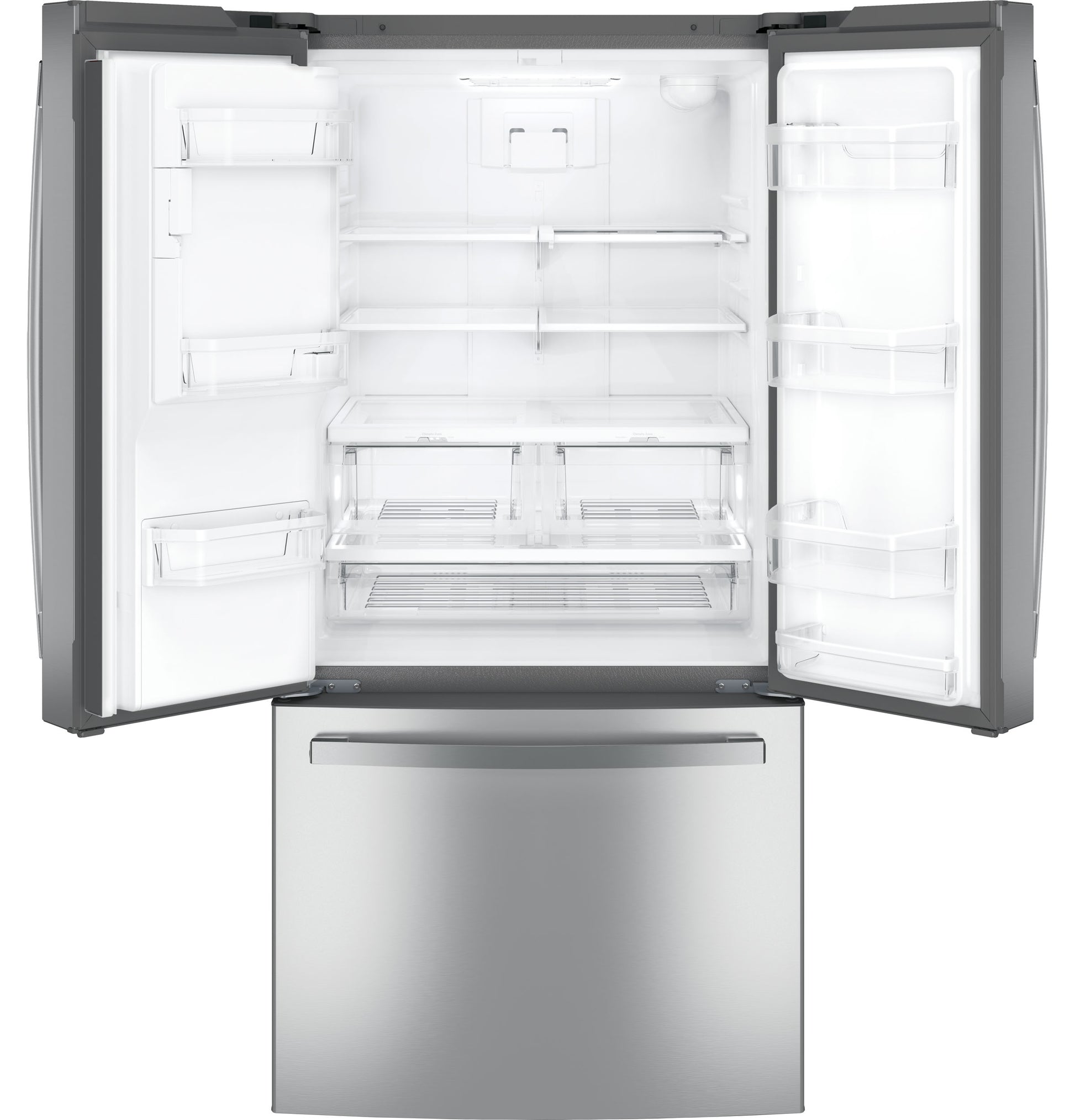 Open stainless steel French-door refrigerator with spacious adjustable shelves and bottom freezer drawer from Refrigerators collection