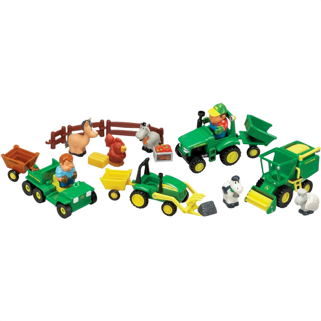 Children's farm playset with green tractors, farm animals, and figures for imaginative outdoor scenes