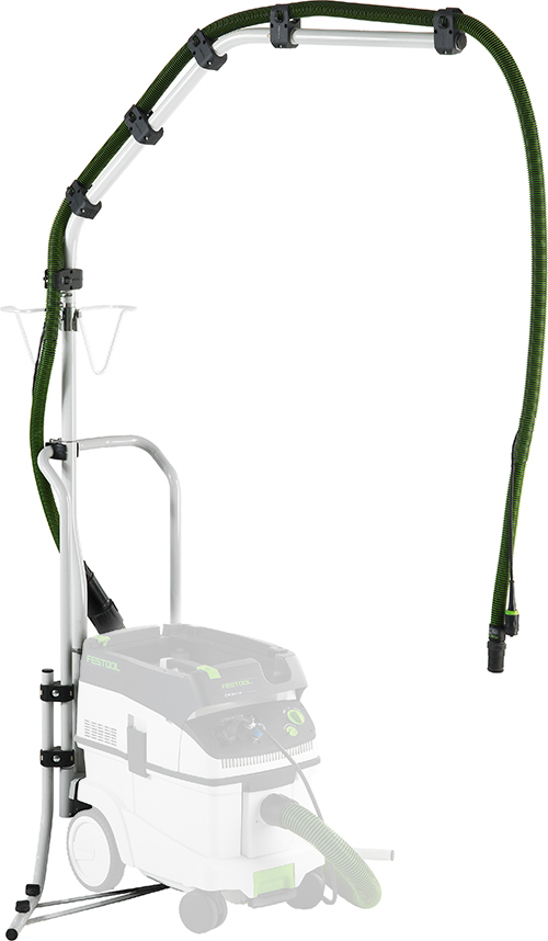 Adjustable boom arm with green hose attachment for dust extraction in woodworking tools and home improvement settings