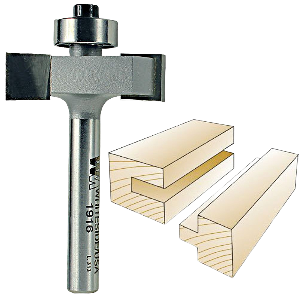 Carbide-tipped slotting and rabbeting router bit alongside illustrated wood joint examples for tool accessories collections