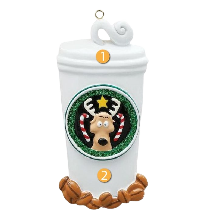 White coffee cup ornament with reindeer face and candy cane antlers, accented by coffee beans from Christmas Ornaments collection under $50