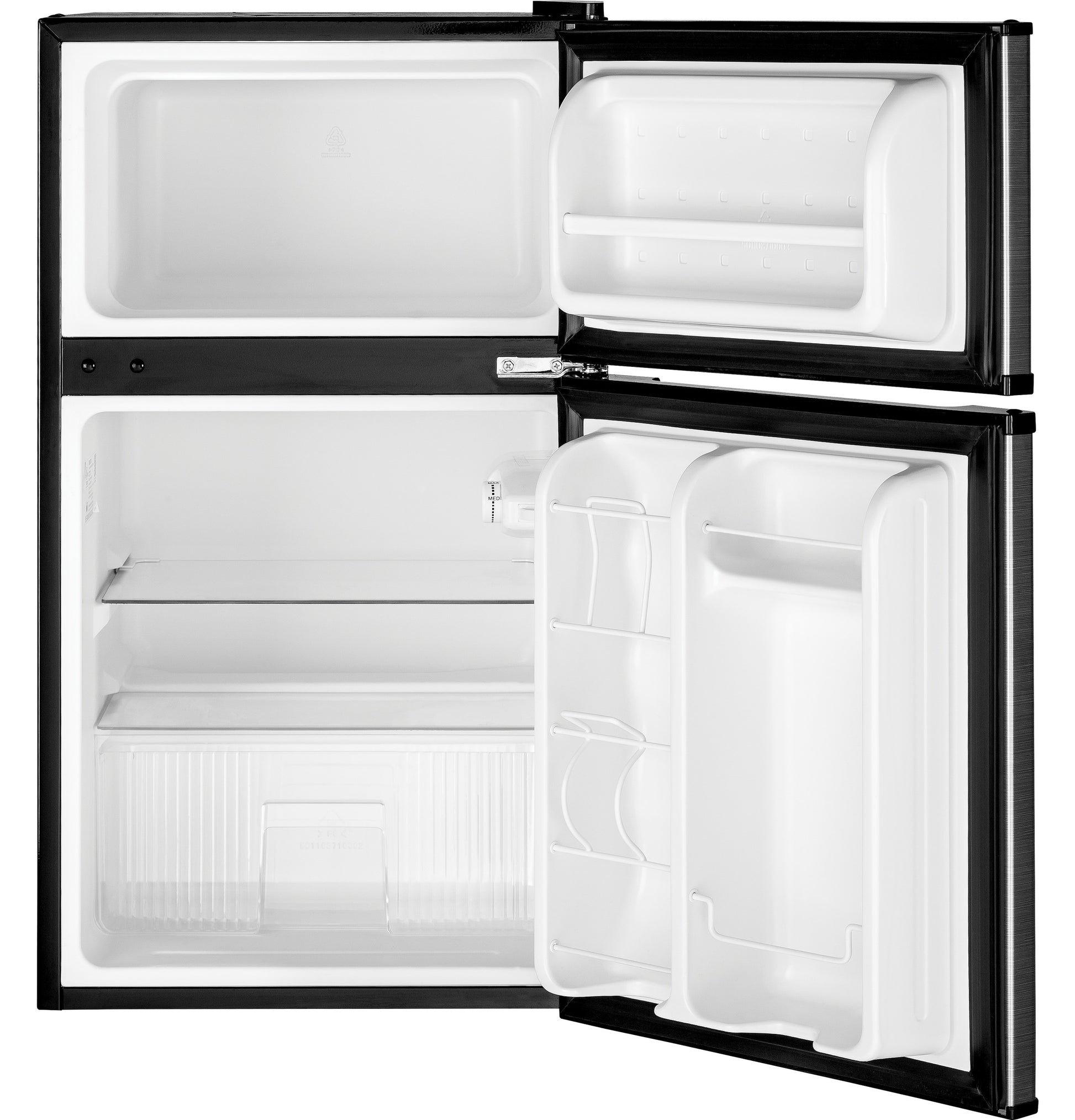 Open compact double-door refrigerator with adjustable glass shelf and clear crisper drawer for kitchen appliances collection