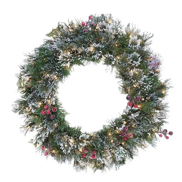 30-inch Brandywine wreath with snow-dusted pine needles, red berries, and 100 clear warm white lights for Christmas decor