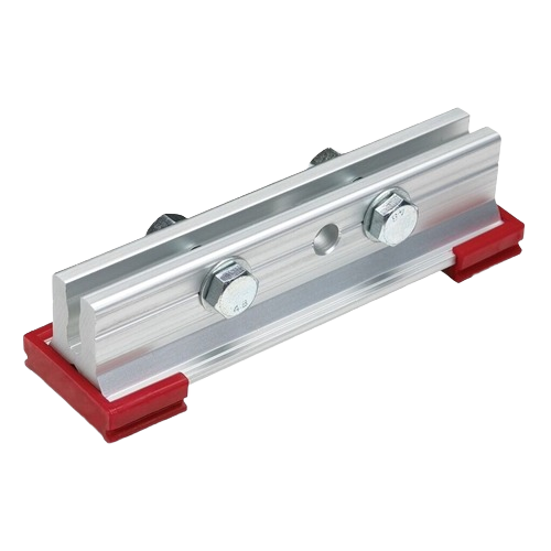 Aluminum clamp body extender with two hex bolts and red plastic end caps for tool and home improvement use
