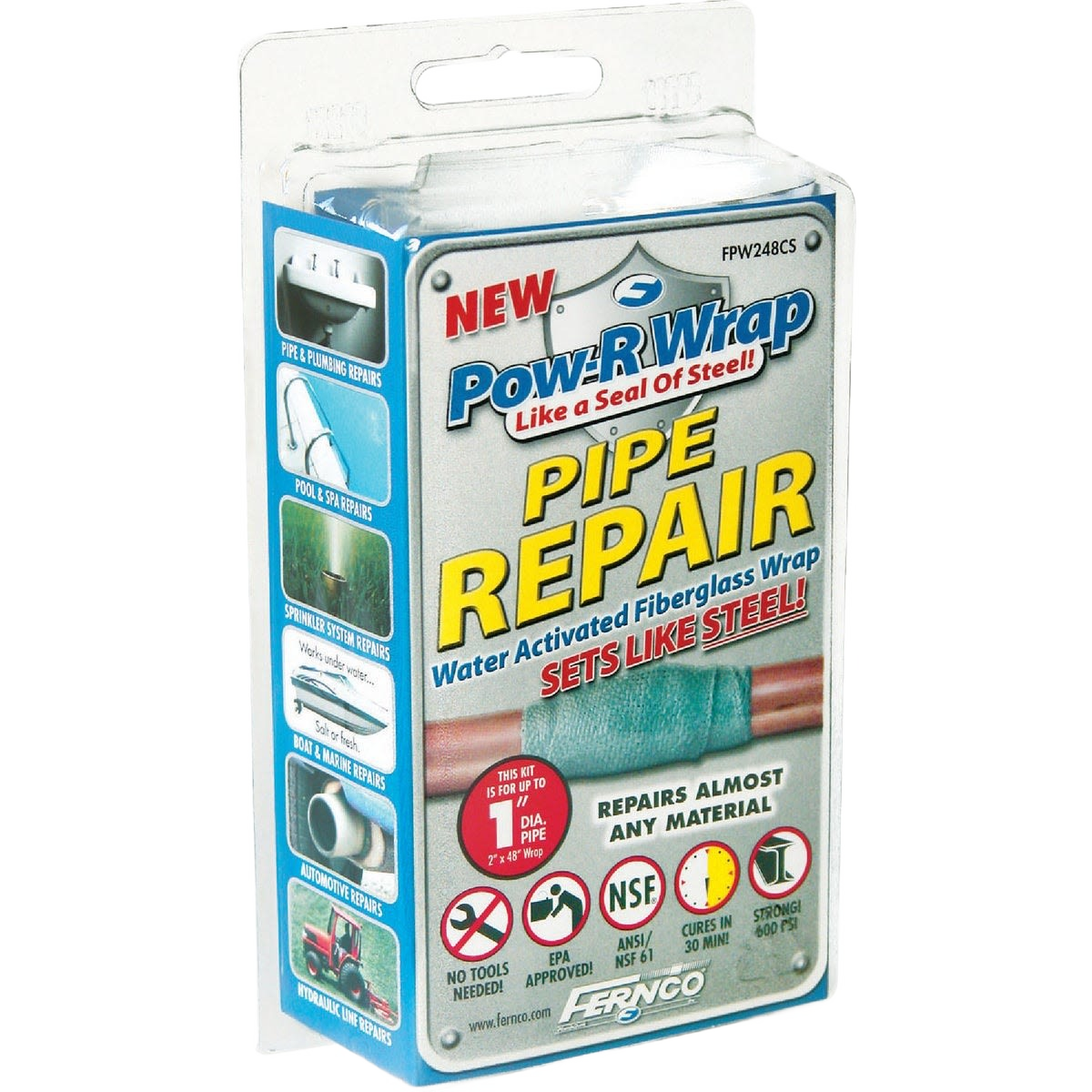 Plastic clamshell package of Fernco Pow-R Wrap fiberglass pipe repair wrap for plumbing repairs under $50 collection