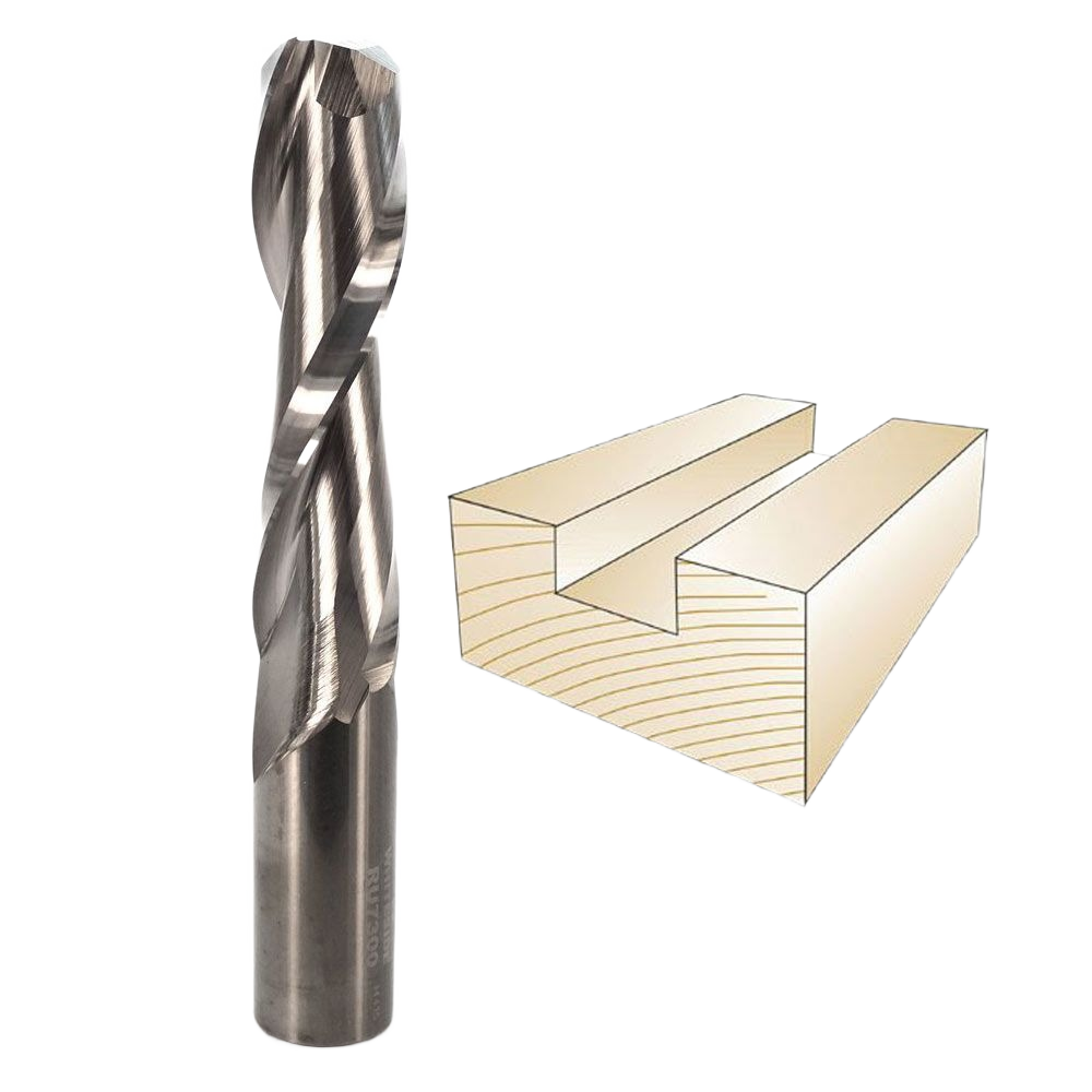 Spiral upcut bit next to wooden board showing mortise slot, for woodworking in tool accessories and drill bits
