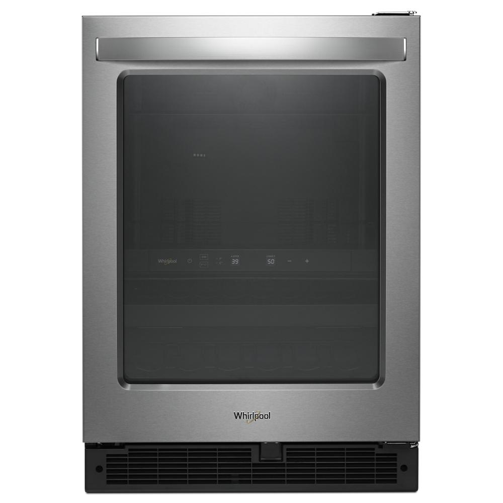 Stainless steel 24-inch wide undercounter beverage center with glass door and digital dual temperature controls, part of Refrigerators and Kitchen & Kitchenware collections.