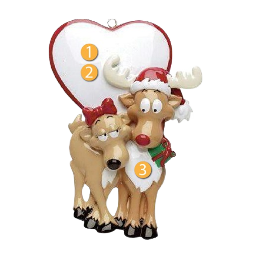 Festive deer couple ornament with Santa hat and heart background in Christmas Ornaments & Tree Decorations collection
