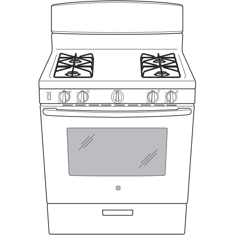 Front line drawing of a gas range with four burners and control knobs for kitchen and home improvement use