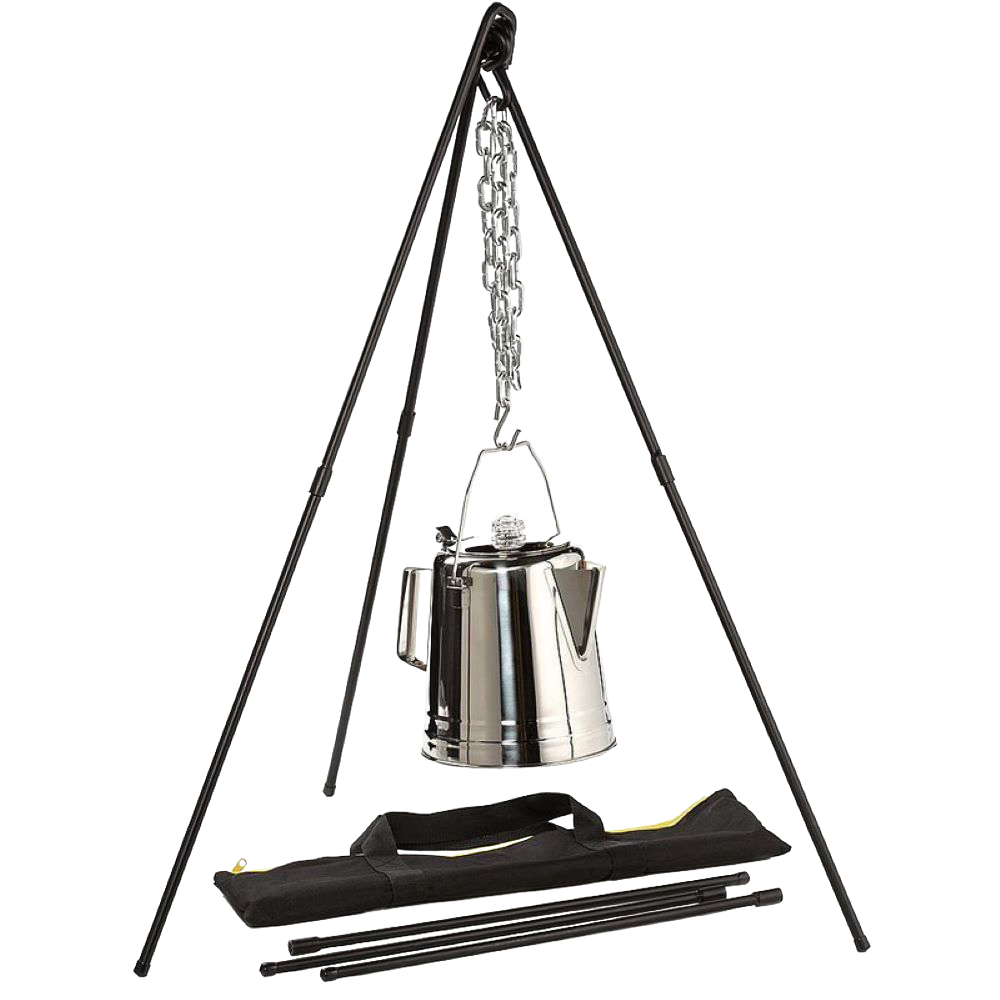 Black adjustable metal tripod with hanging chain and stainless steel camping kettle, foldable carrying bag included