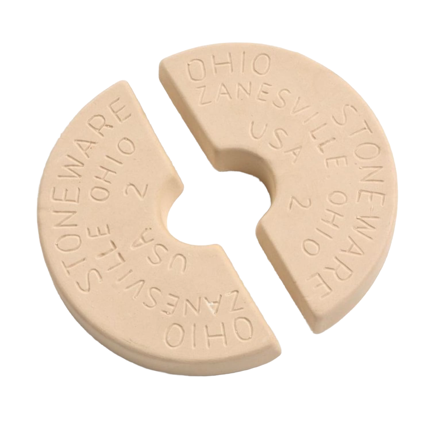 Two beige stoneware fermentation weights with embossed Ohio and Zanesville lettering for kitchenware collections