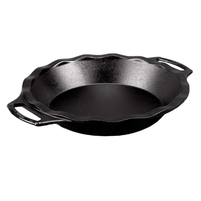 Black cast iron pie pan with scalloped edges and dual handles for baking and cookware use