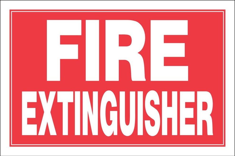 Red and white fire extinguisher sign with bold lettering for home improvement and hardware safety tools