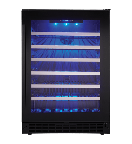 Black single-zone wine cellar with glass door and blue interior lighting in kitchen appliance collection