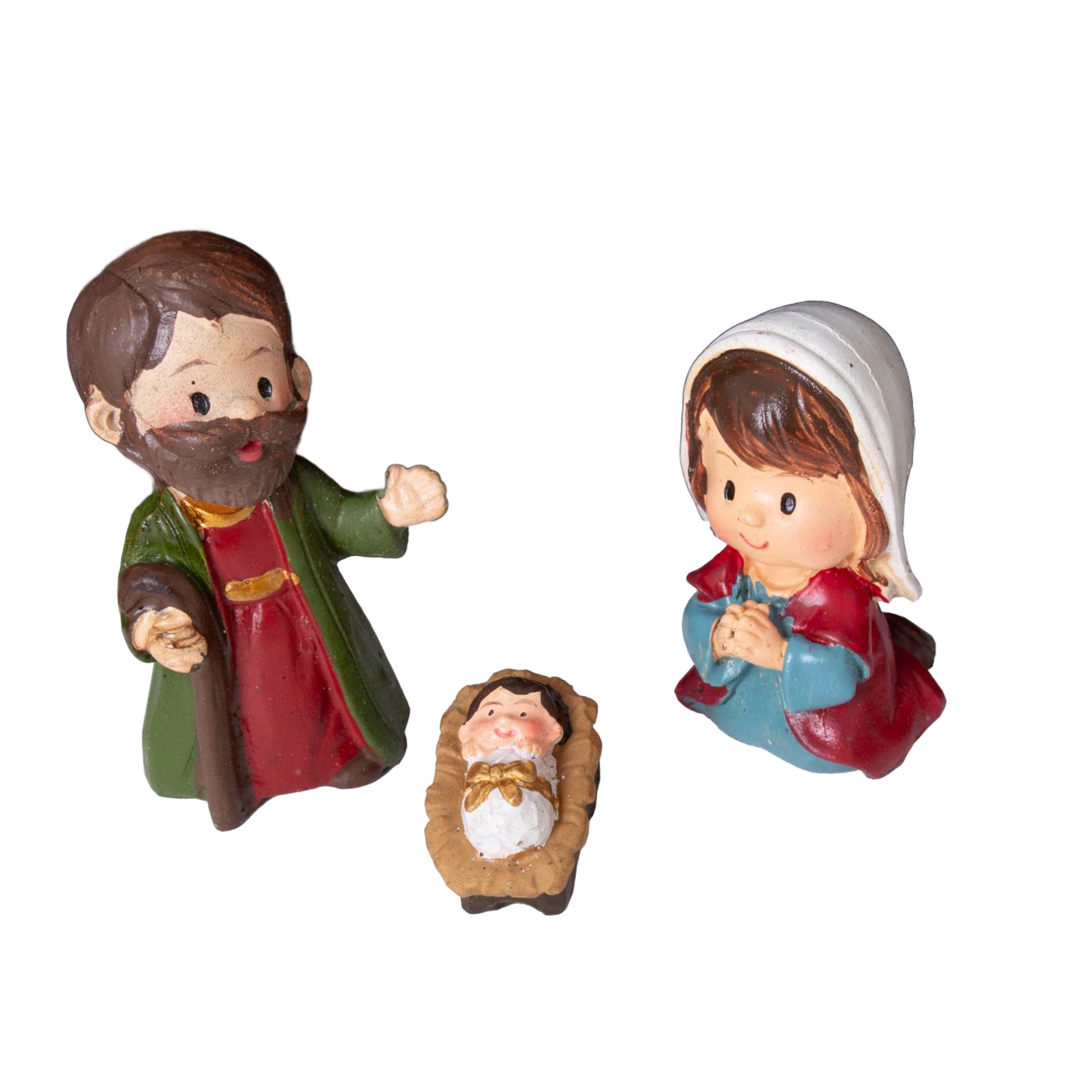 Three small nativity figurines of Mary, Joseph, and baby Jesus for Christmas and Nativity Scenes collections
