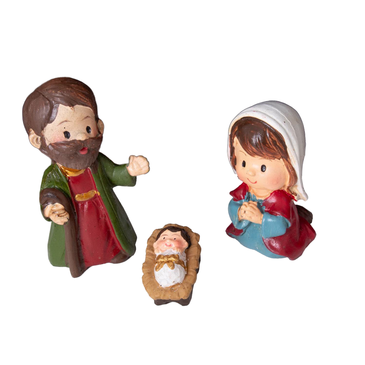 Three small nativity figurines of Mary, Joseph, and baby Jesus for Christmas and Nativity Scenes collections