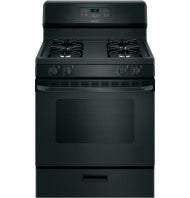 Free-standing black gas range with four burners, control knobs, and digital display in kitchen appliances collection