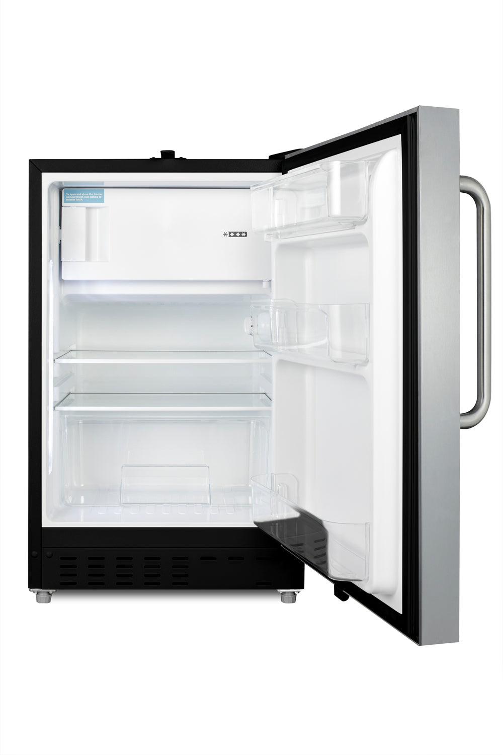Open undercounter stainless steel refrigerator-freezer with adjustable glass shelves and door bins for kitchen appliances collections