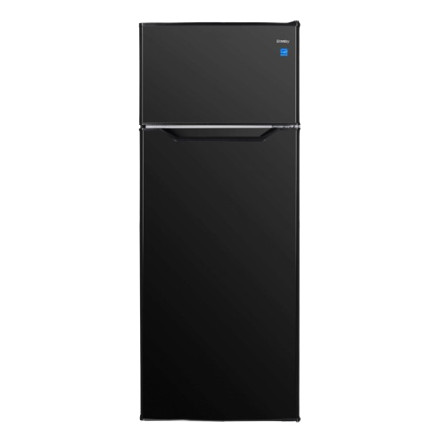 Black mid-size refrigerator with top freezer, manual defrost, and sleek minimalist design in Refrigerators collection