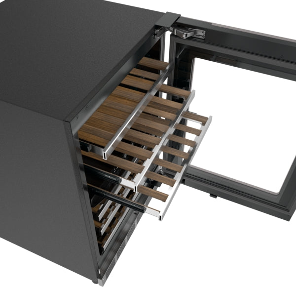 Under counter wine cooler with glass door, panel-ready design, right hinge, and wood-accented shelving for wine storage.