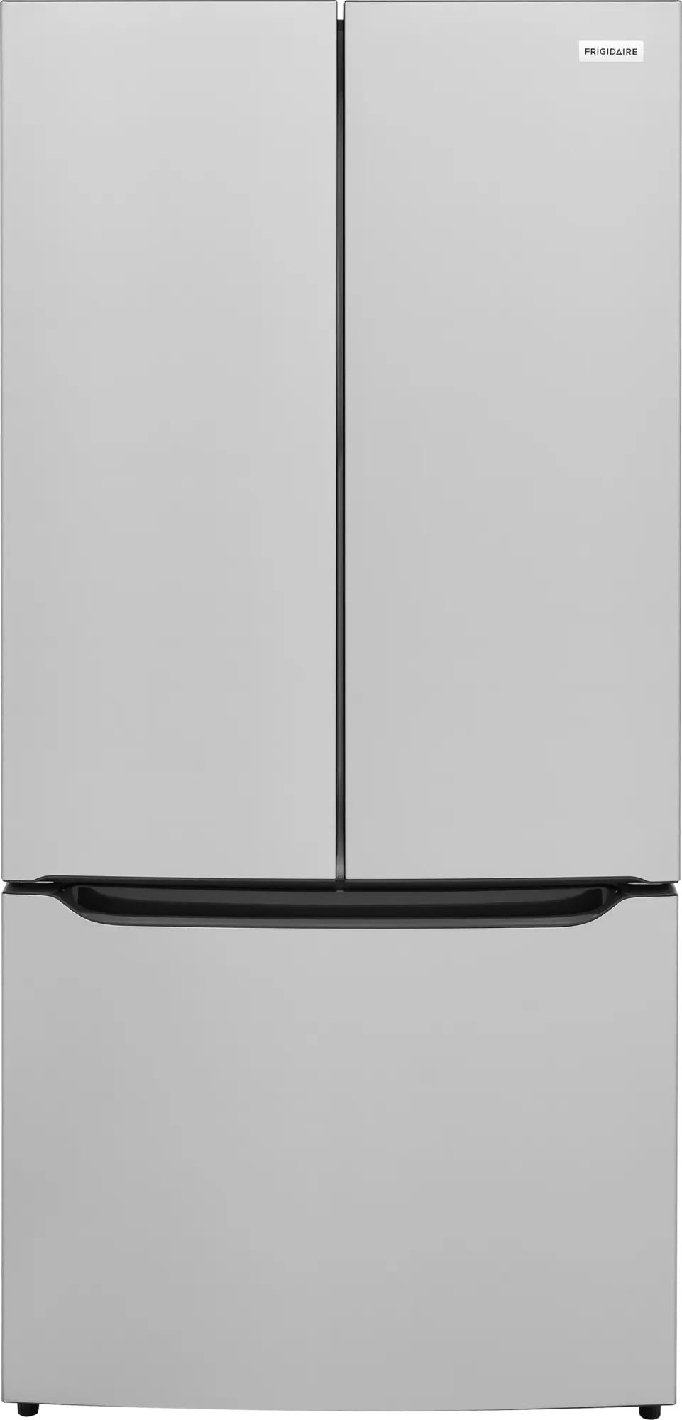 Sleek silver counter-depth French door refrigerator with bottom freezer drawer in kitchen appliances collection