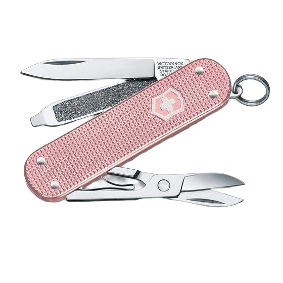 Compact pink alox pocket knife with multiple tools for cutting, grooming, and outdoor tasks under $50 hardware collection