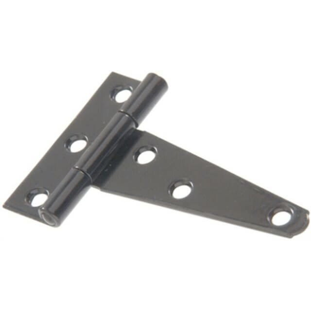 Black 4-inch T hinge with multiple screw holes for doors and gates in hardware and home improvement collection