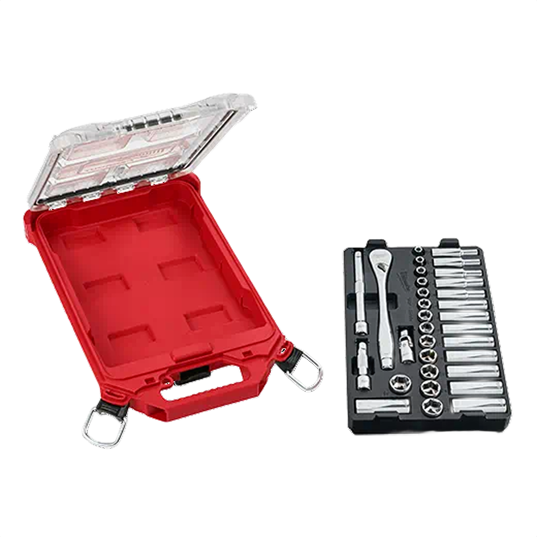 Open red PACKOUT organizer case with clear lid and black tray holding metric ratchets and sockets for woodworking tools