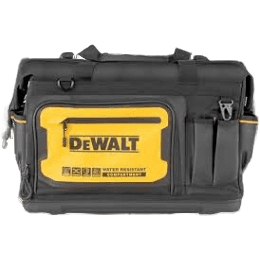 Black and yellow open mouth tool bag with water-resistant pocket, designed for workshop and jobsite tool storage under $100 collection