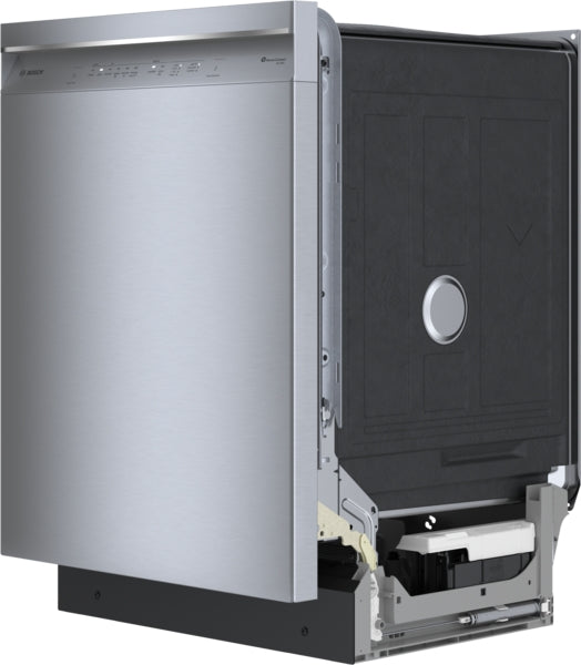 Partially assembled stainless steel dishwasher with anti-fingerprint finish, highlighting internal structure from Bosch Appliances collection