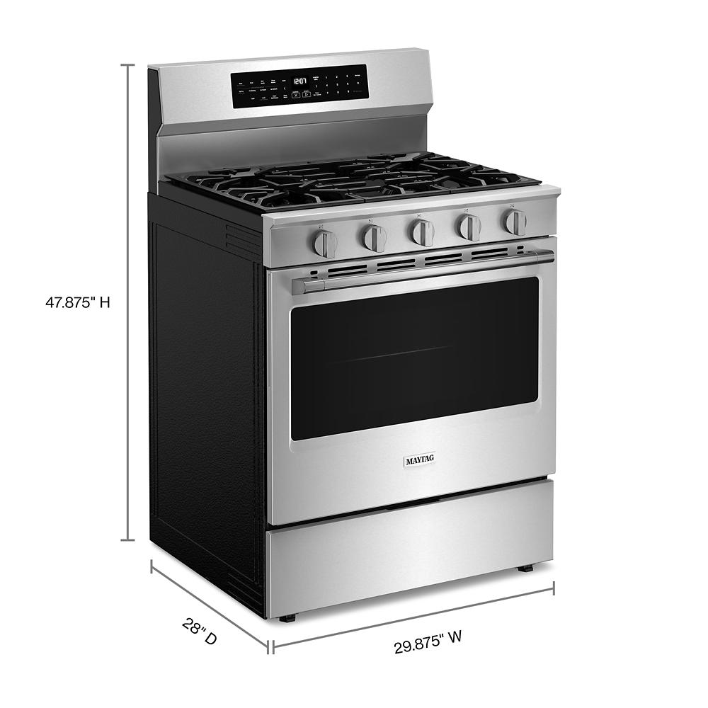 Stainless steel 30-inch gas range with five burners and digital control panel from kitchen appliances and ranges collection