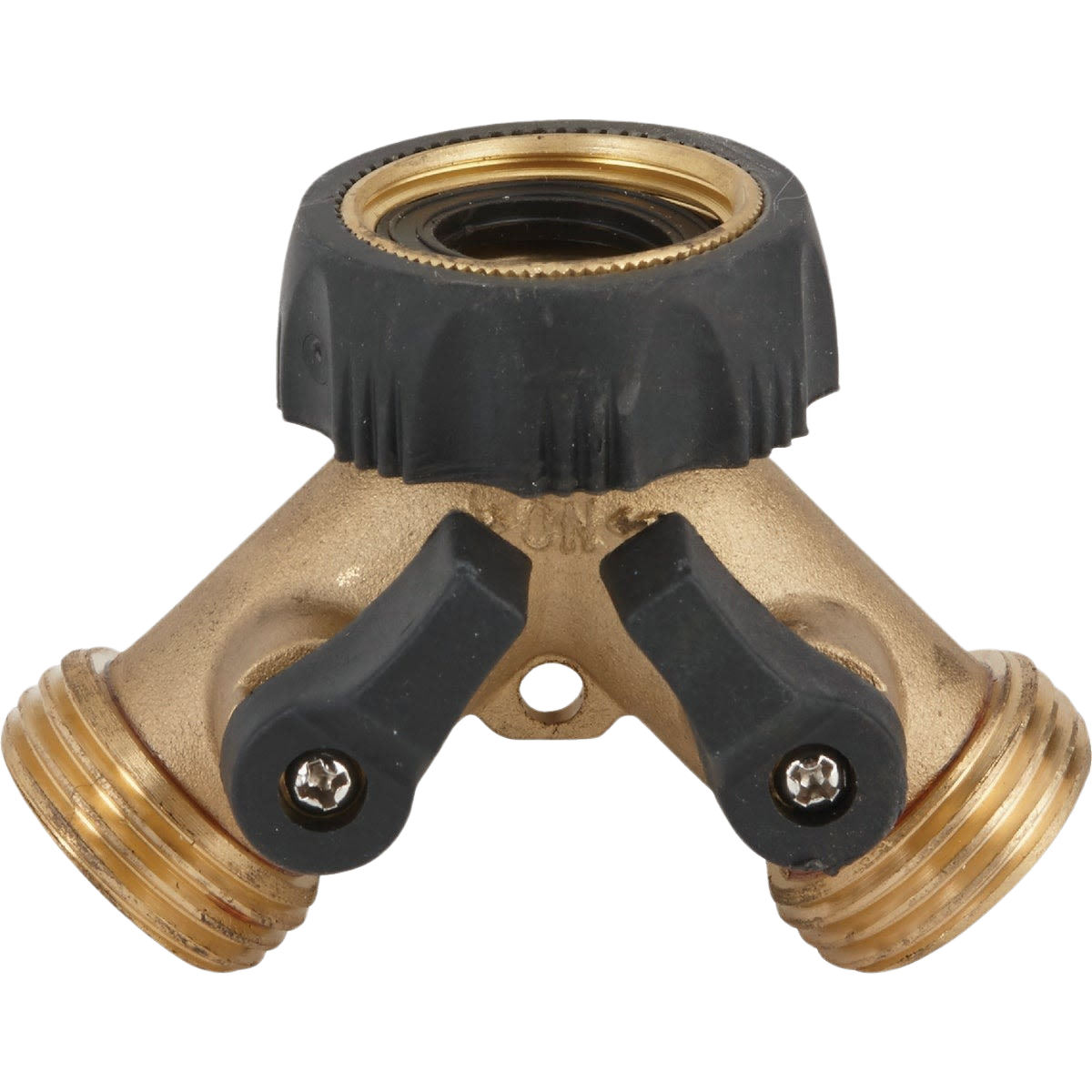 Brass Y-connector with dual valve shutoffs and threaded ends for garden hose water flow control and splitting