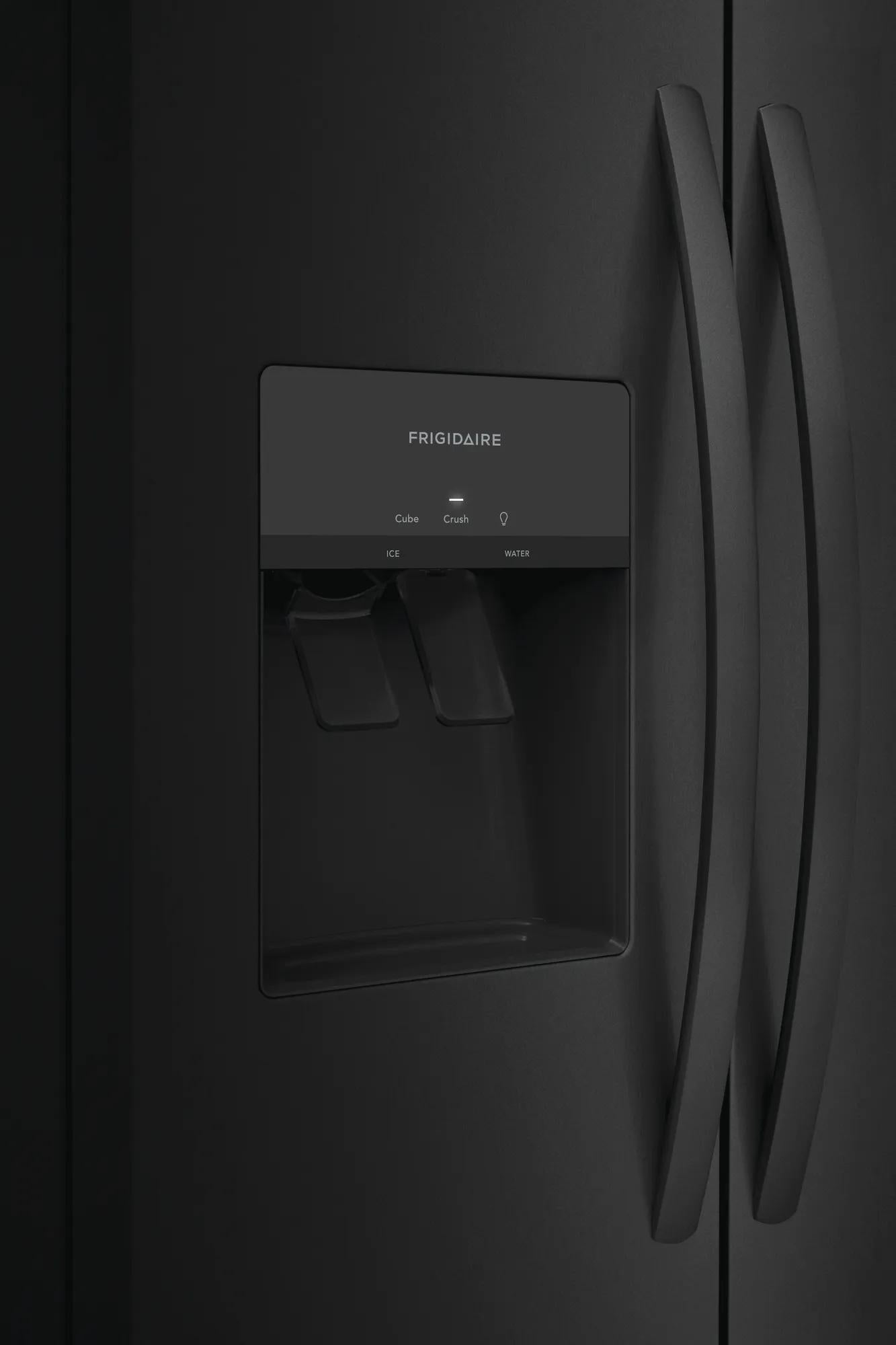 Matte black side-by-side refrigerator with built-in ice and water dispenser in kitchen and appliance collections