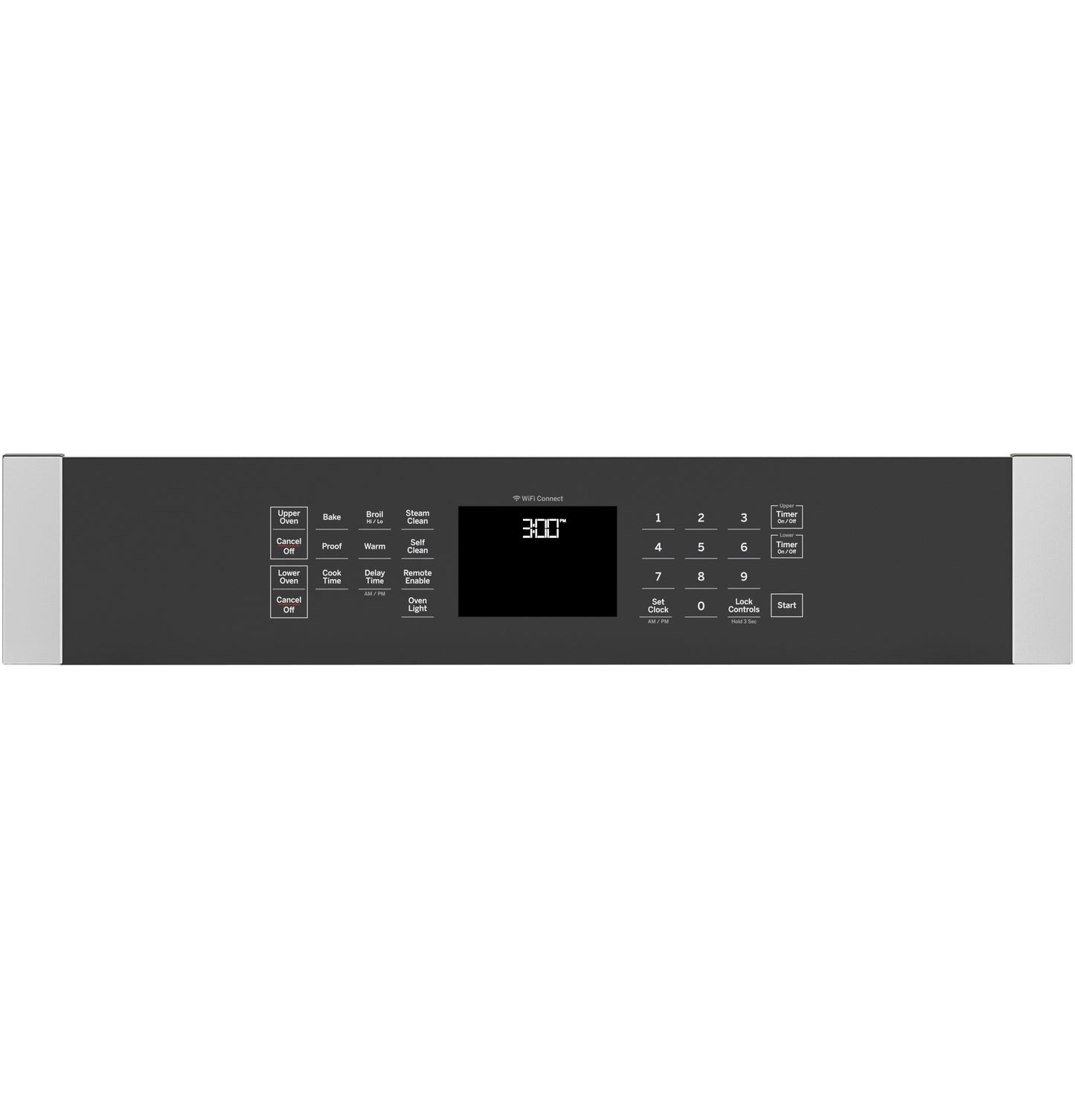 Black and stainless steel oven control panel with digital display and touch buttons from Double Wall Ovens collection