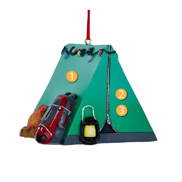 Green camping tent ornament with string lights, lantern, and backpack for Christmas tree decoration under $50