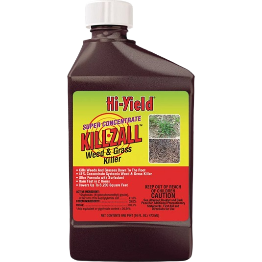 Bottle of Hi-Yield Killzall concentrate weed and grass killer for lawn care and garden maintenance under $50 category