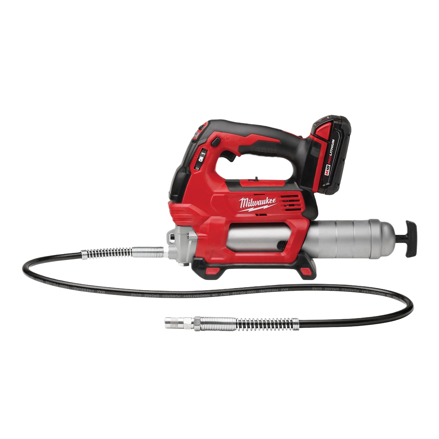 Red and silver cordless grease gun with flexible hose and ergonomic handle designed for home improvement tasks and tool use