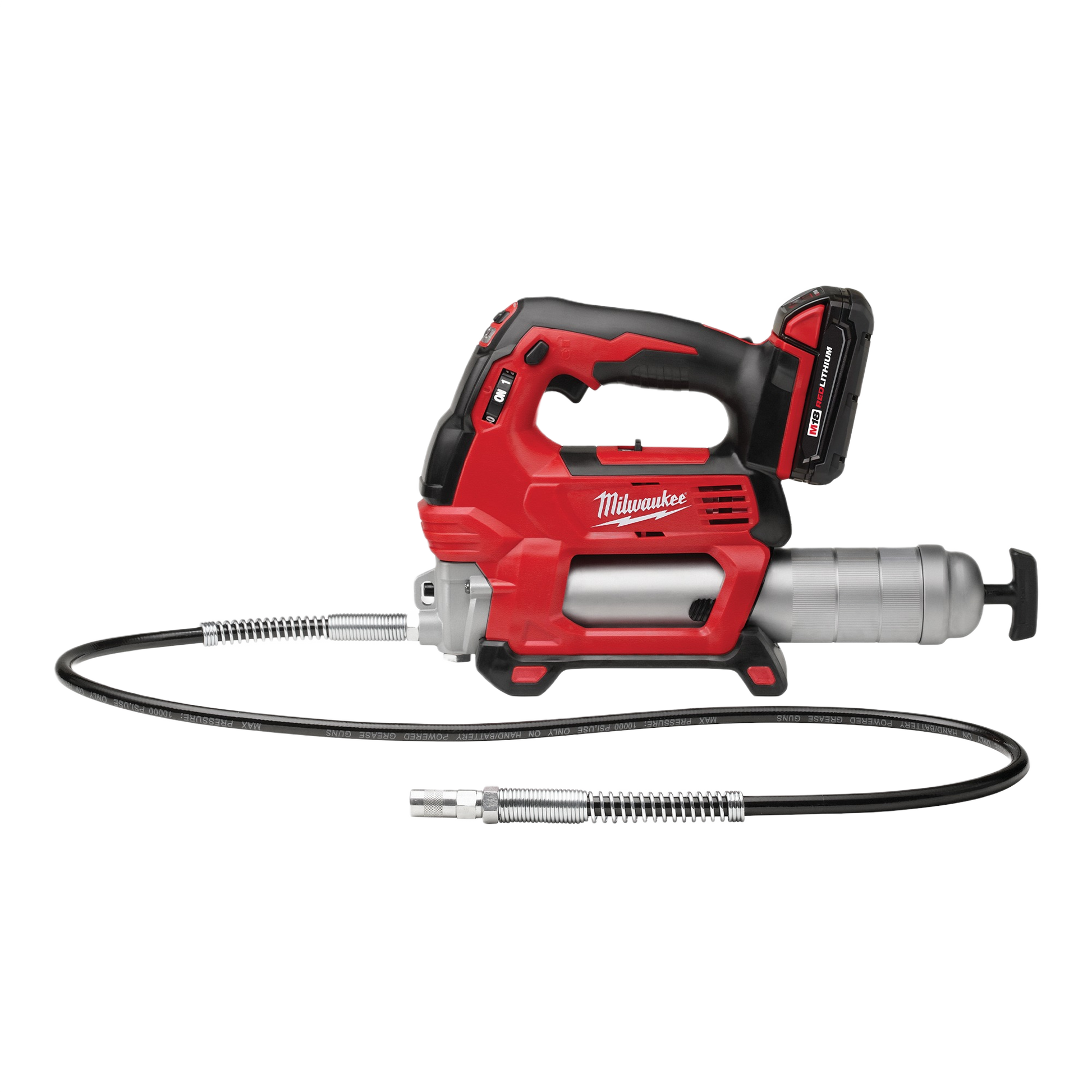 Red and silver cordless grease gun with flexible hose and ergonomic handle designed for home improvement tasks and tool use