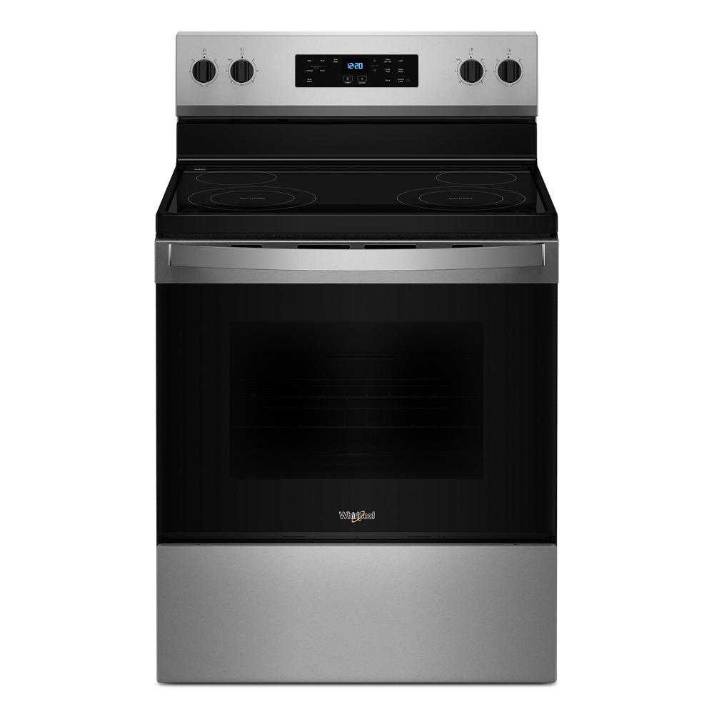 stainless steel electric range with smooth cooktop, digital control panel, and oven window in kitchen appliances collection