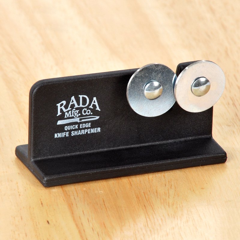 Black Rada Knife Sharpener featuring dual metal discs and a sturdy base on a wooden surface in kitchen tools under $50 collection