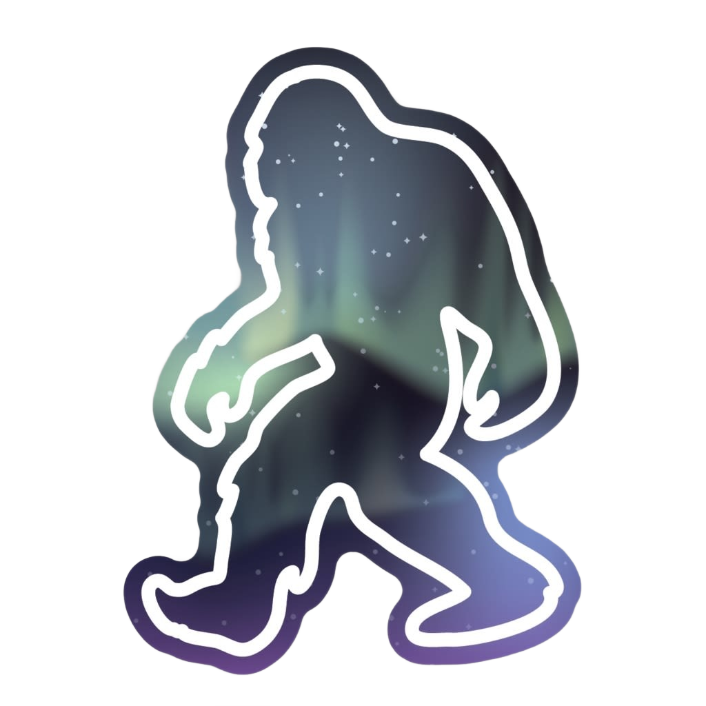 Silhouette sticker of Sasquatch filled with a glowing northern lights design and starry night sky pattern
