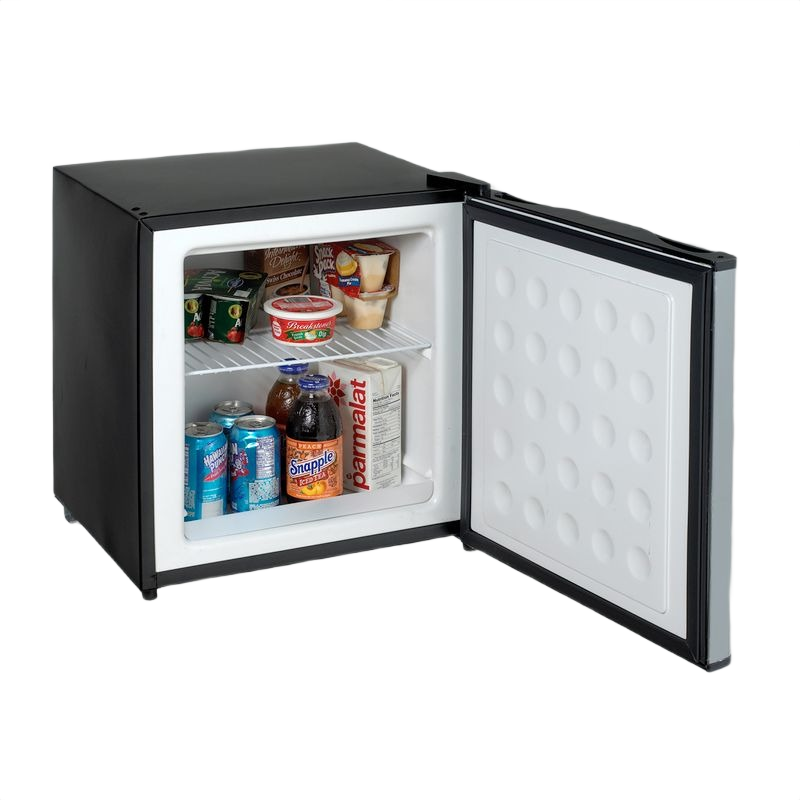 Compact black refrigerator or freezer with open door showing stocked interior in Appliances and Kitchen & Kitchenware collections