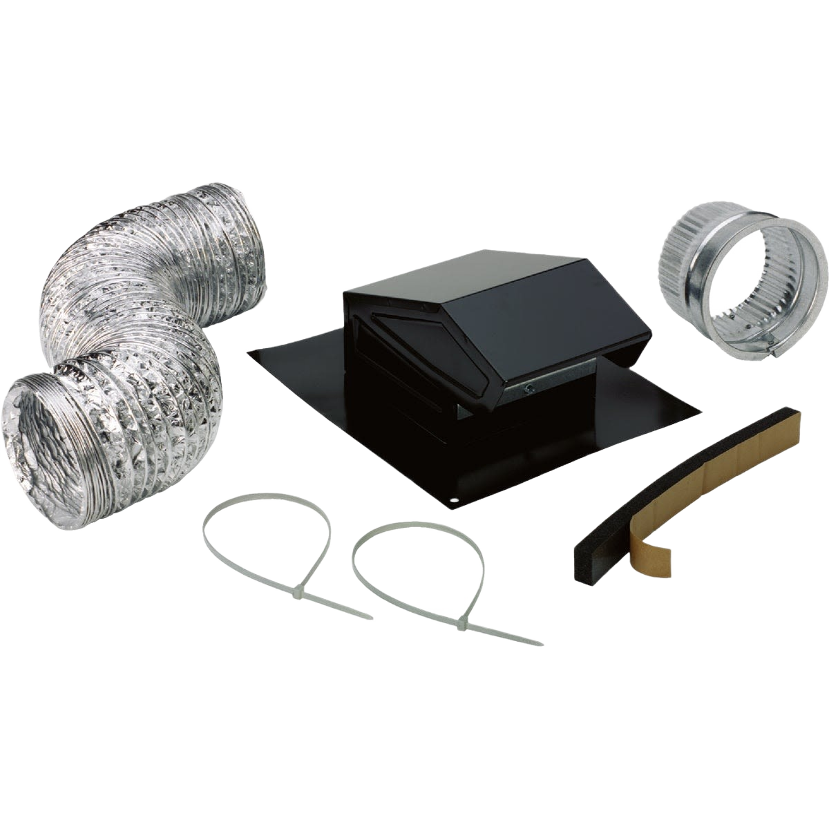 Exhaust roof vent kit with black steel vent cap, flexible duct, metal clamps, and foam weather seal for roofing repair tasks